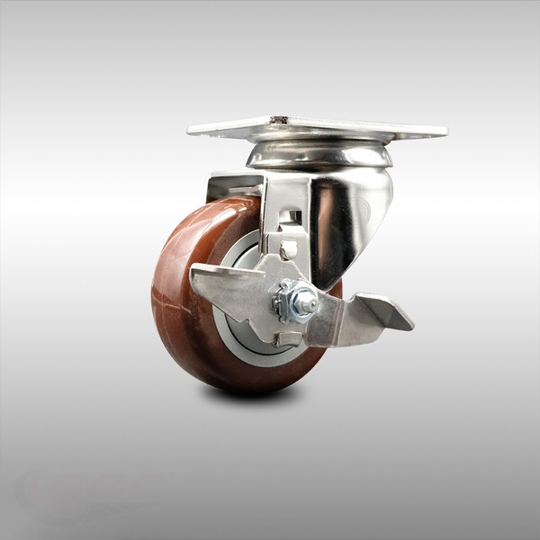Service Caster 3 Inch 316SS Maroon Polyurethane Wheel Swivel Top Plate Caster with Brake SCC SCC-SS31620S314-PPUB-MRN-TLB - main